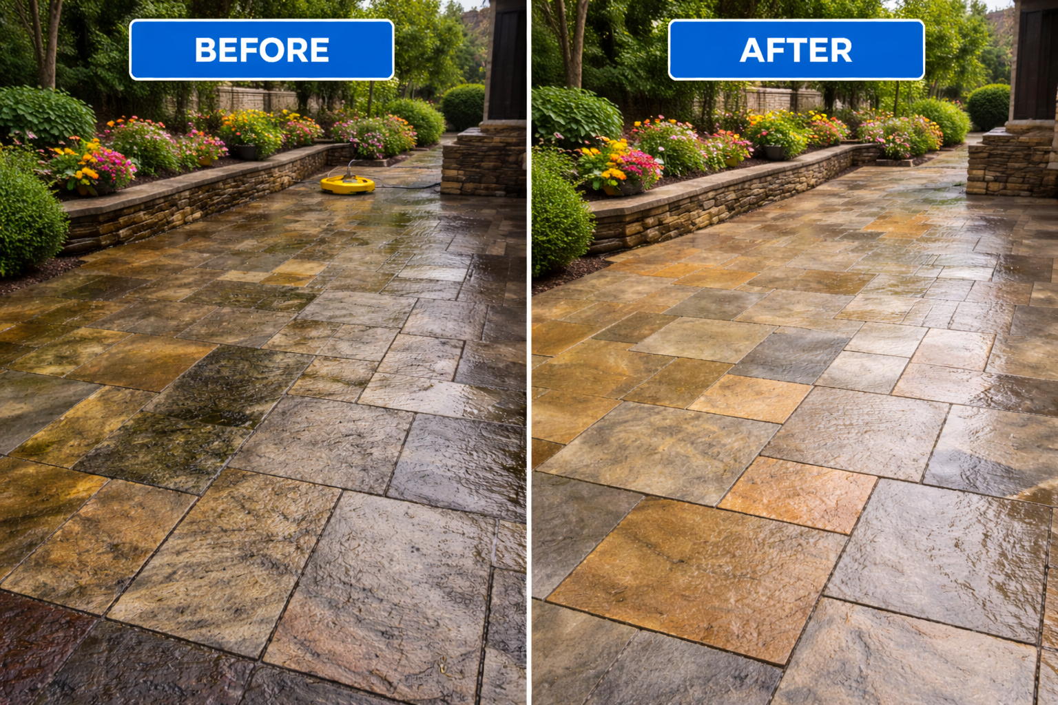 Concrete patio before and after pressure washing